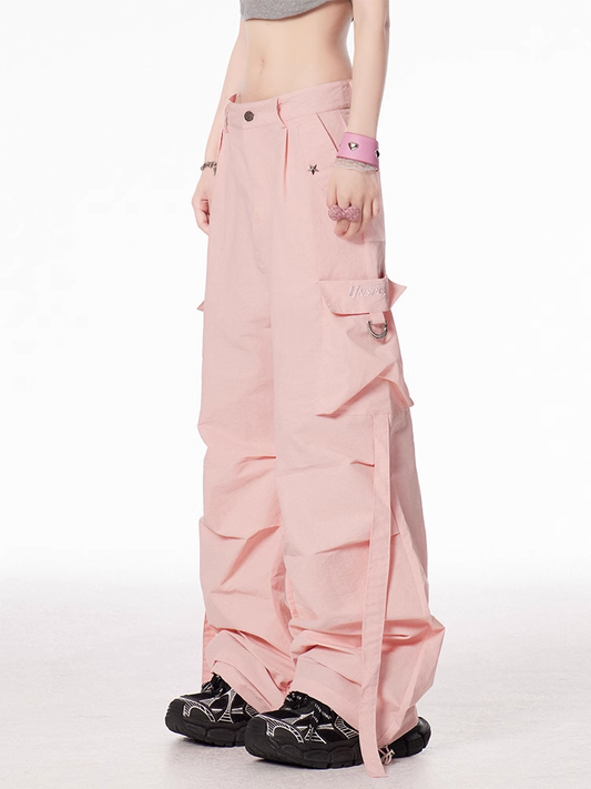 Pink Low Waist Cargo Pockets Wide-leg Pants