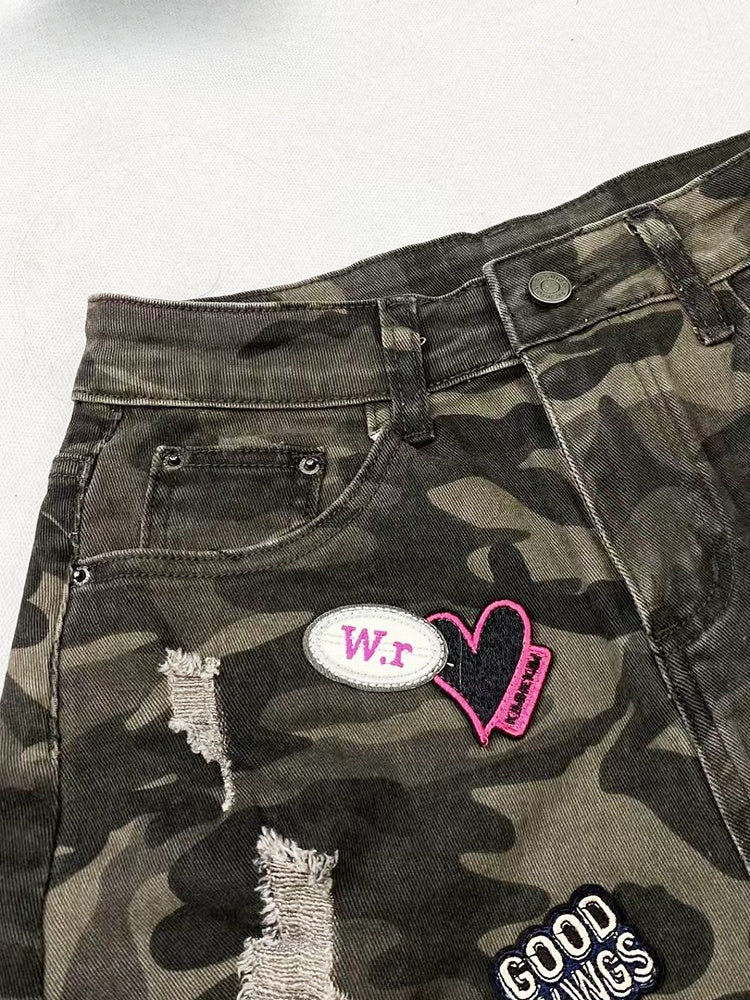 Army Green Y2K Camo Pattern Denim Shorts