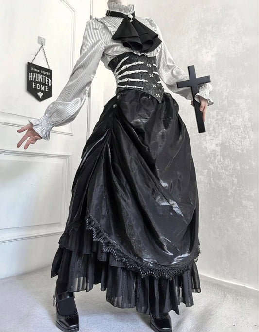 Hand bone Embroidery Black Gothic Lolita Leather Corset Belt