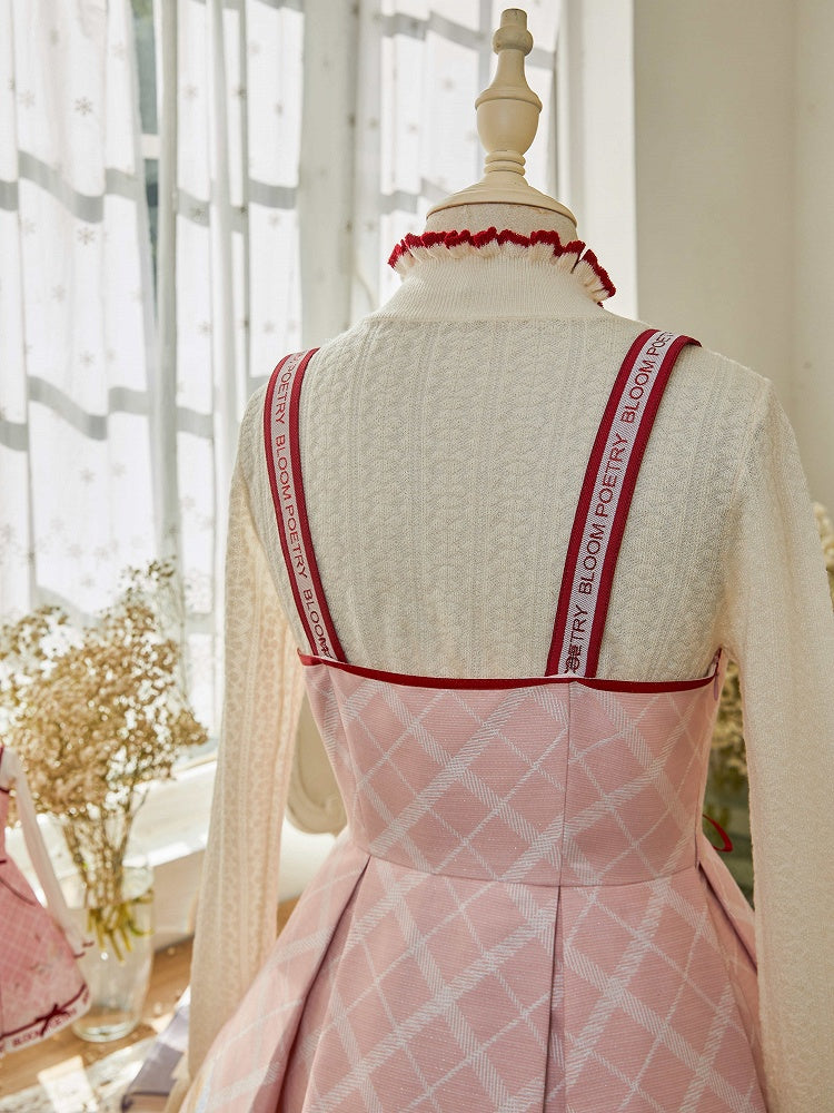 Pink and Red Trimming Lace-up Front Lolita Jumper Skirt