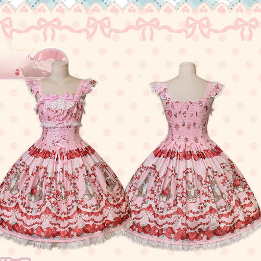 Strawberry and Bunny Print Lace-up Front Pink Cottagecore Country Lolita Dress Flutter Sleeves Jumper Skirt