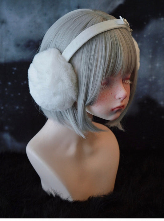 White Handmade Heart-shaped Buckle Pins Plush Earmuffs