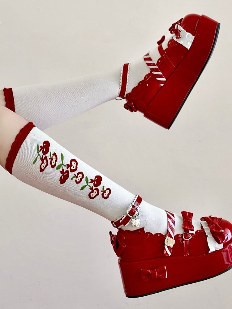Red Apple Lolita White Calf Socks