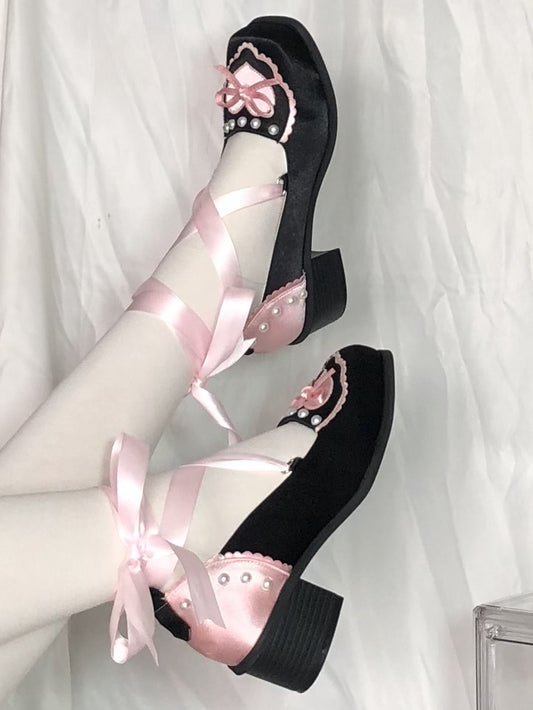 Black and Pink Balletcore Lace-up at Ankle Square-toe Satin Shoes