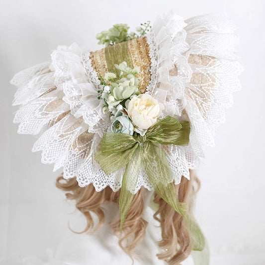 Gorgeous Country Lolita Floral Lace - Trimmed Straw Bonnet with Green Bowknot Decoration