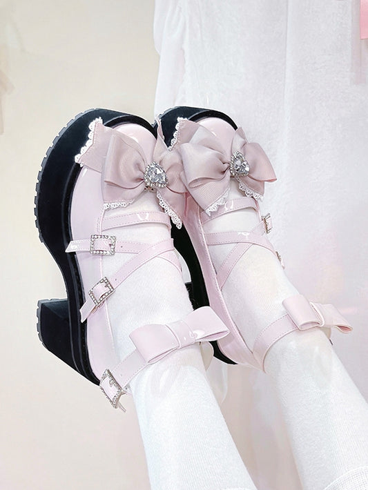 Pink Rhinestone Bowknot Jirai Kei Platform High Heels