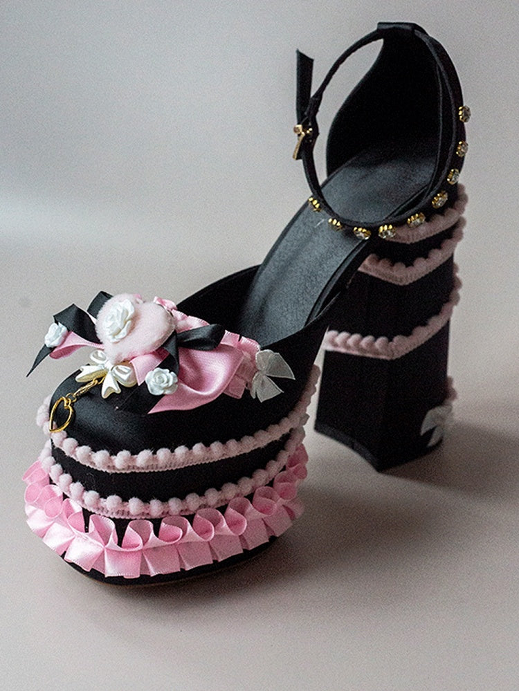 Black & Pink Sweetheart and Bowknot Y2K High Block Heel Platforms