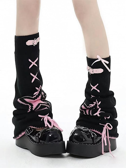 Star Buckles Lace-up Knitted Leg Warmers White/Black/Pink