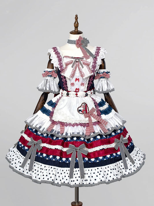 Dark Blue and Red Blueberry Cake Bow Accents Tiered Skirt Sweet Lolita JSK Full Set
