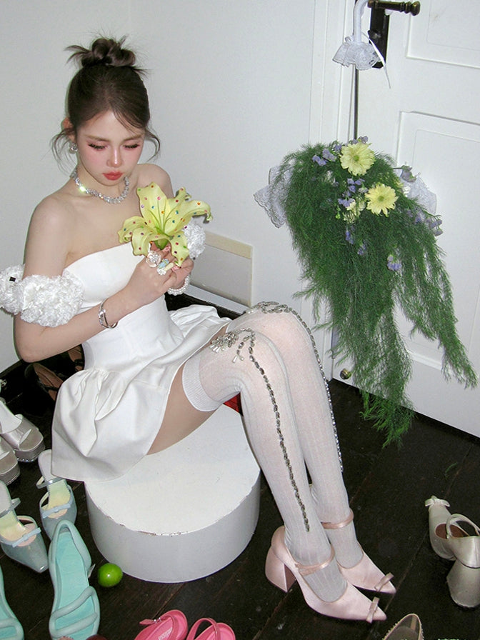 Pink/White Rhinestone Floral Decorated Over-knee Stockings