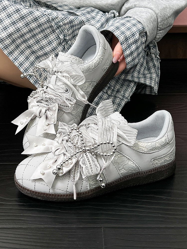 Gray Beaded Decorated Bow at Top Lace Front Lace-up Ties Sneakers