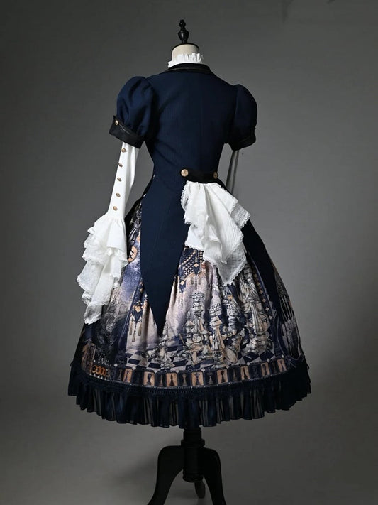 Dark Blue Blazer Collar Short Puff Sleeves Split-Tail Top