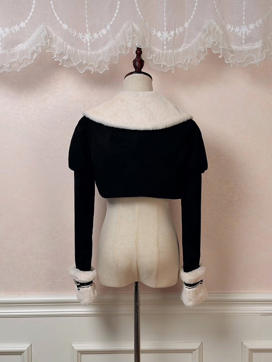 Black Juliette Sleeves Lolita Cropped Coat with White Faux Fur Collar and Cuffs