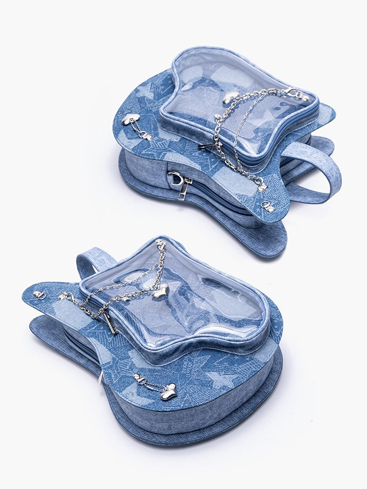 Chic 2-Way Kawaii Blue Guitar-Shaped Ita Bag With Y2K Style &Heart Chain Accents