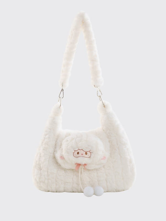 White Cute Little Lamb Plush Shoulder Bag With Pompons