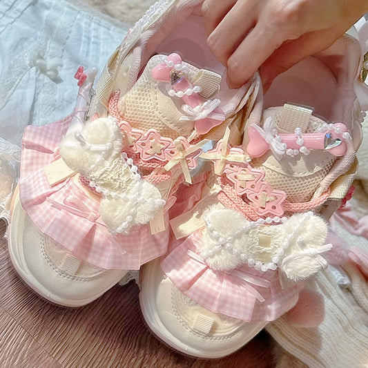 Beige & Pink Plaid Ruffle Trim Plush Bowknot Platform Sneakers