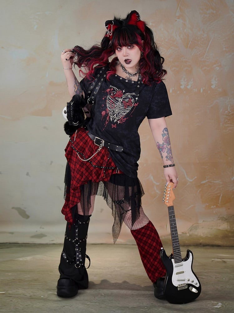 Plus Size Black Skeleton Print Punk T-shirt Buckle Shoulder Strap