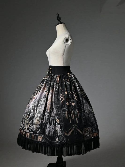 Black Corset Belt Waist Chess Theme Print Lolita Skirt