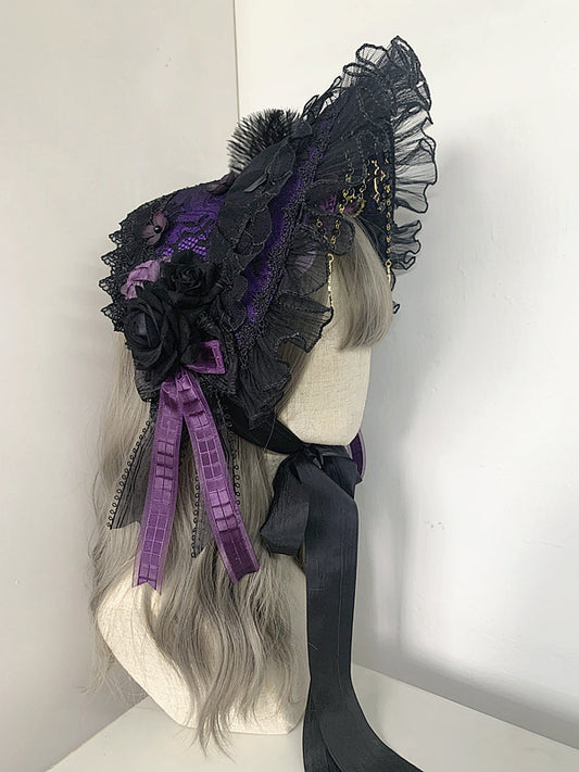 Gothic Cross Chains Floral Design Black and Purple Gorgeous Elegant Bonnet