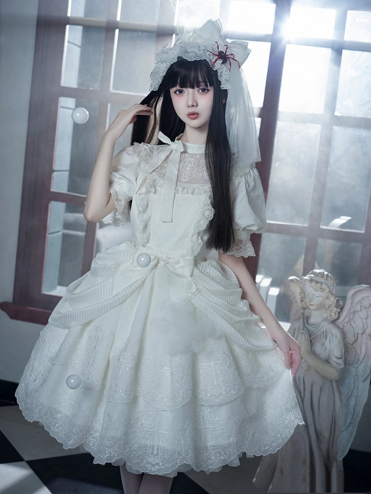 Clearance-Size M for Bust 90CM White Spider Web and Cross Embroidery Shiro Lolita Dress Embroidered Scalloped Edge Trim Skirt