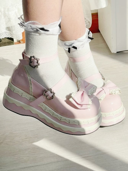 Lolita Cute Pink Bowknot Cake Pattern Buckle Straps Platform Shoes