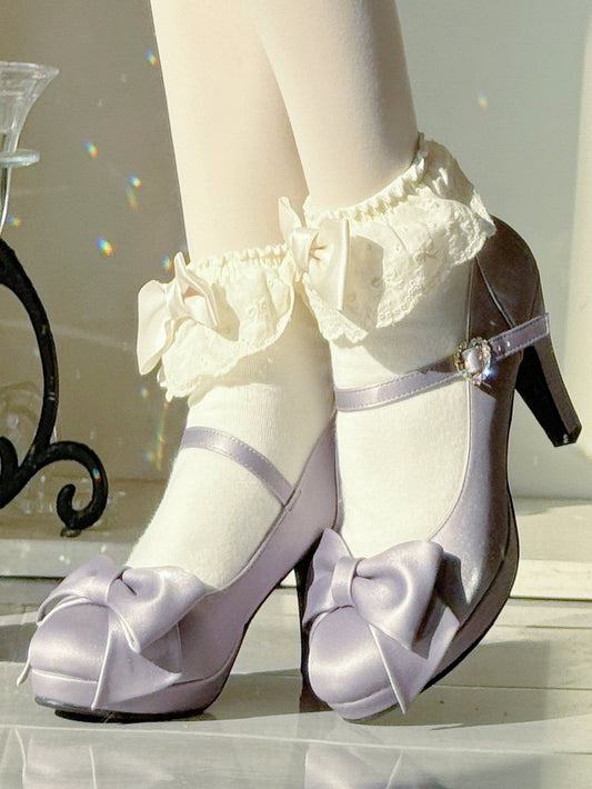 Sophisticated Lolita Purple High Heels - Sparkling Heart Clasp with Ornate Bow Details