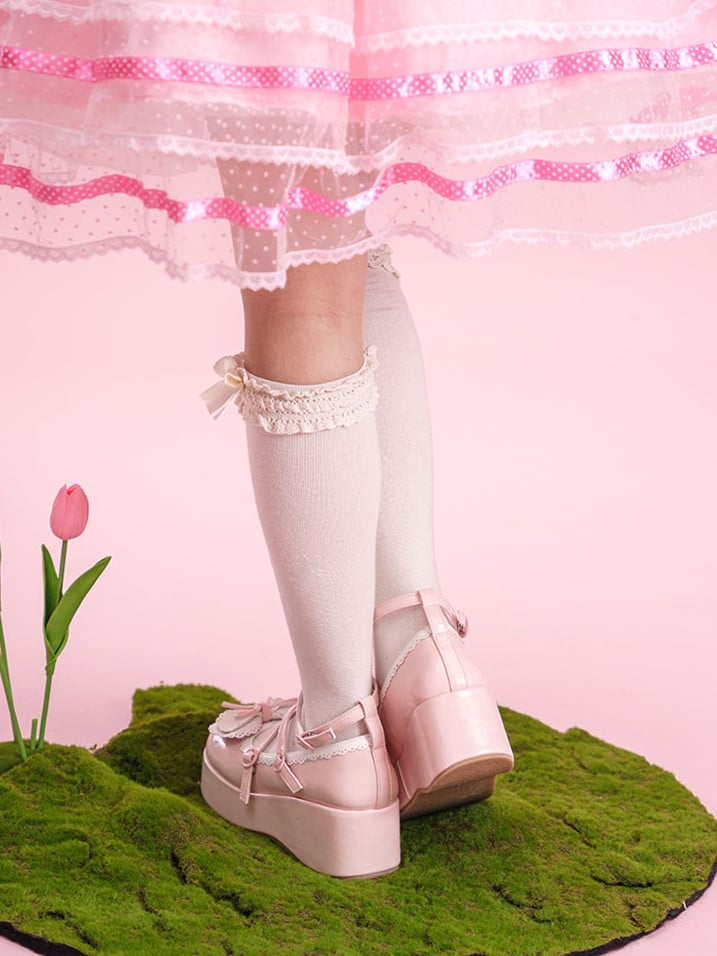 Knotted Bow Accent Sweet Pink Round Toe Platforms