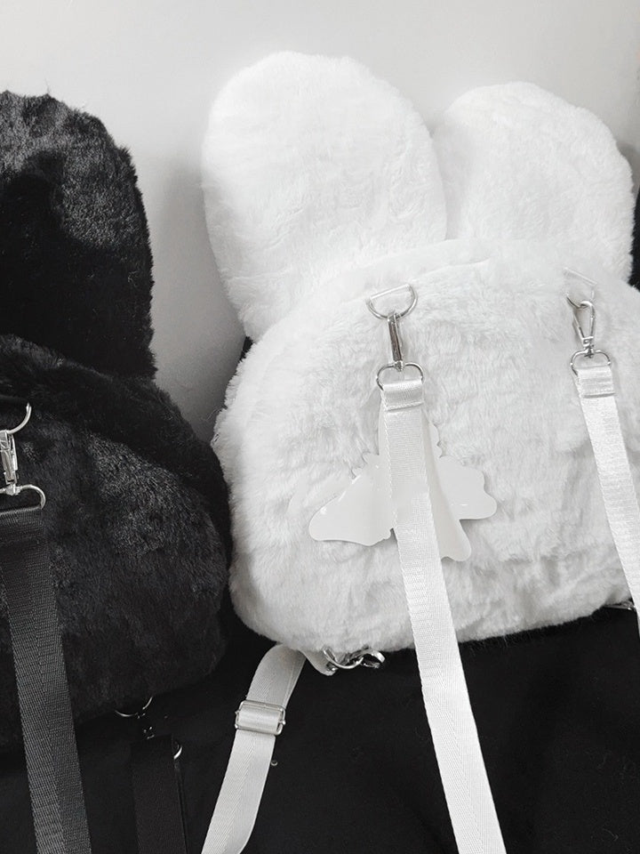 Kawaii Black / White Plush Bunny Backpack with Bendable Ears & Heart Eye Patch Design