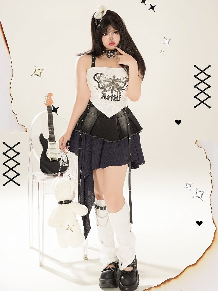 Plus Size PU Straps Decorated Y2K Black Asymmetrical Tiered Skirt