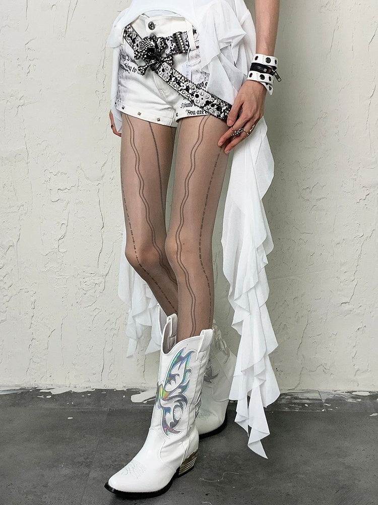 Black/White/Gray/Purple Y2K Floral and Striped Pattern Tights