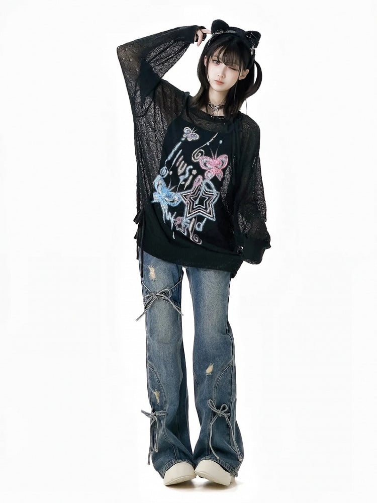 Light Blue Faded Wash Distressed Holes Bow Accents Flared Jeans