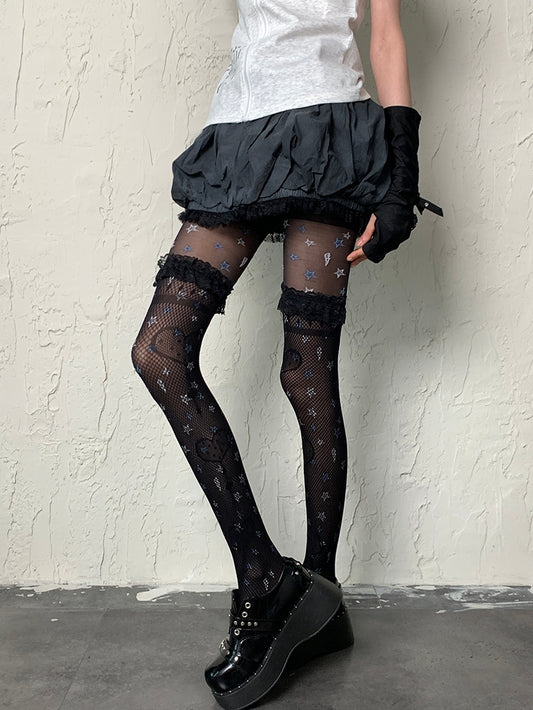 Black Punk Star And Lightning Pattern Tights