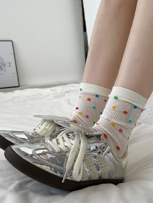 White Polka-dot Pattern Ribbed Trim Socks