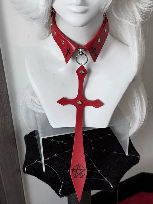 Punk Black/Red Pentacle Cross Charm Studded Necktie