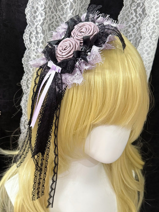 Purple&Black Bowknot Details Lace Trim Floral Design Hairclip