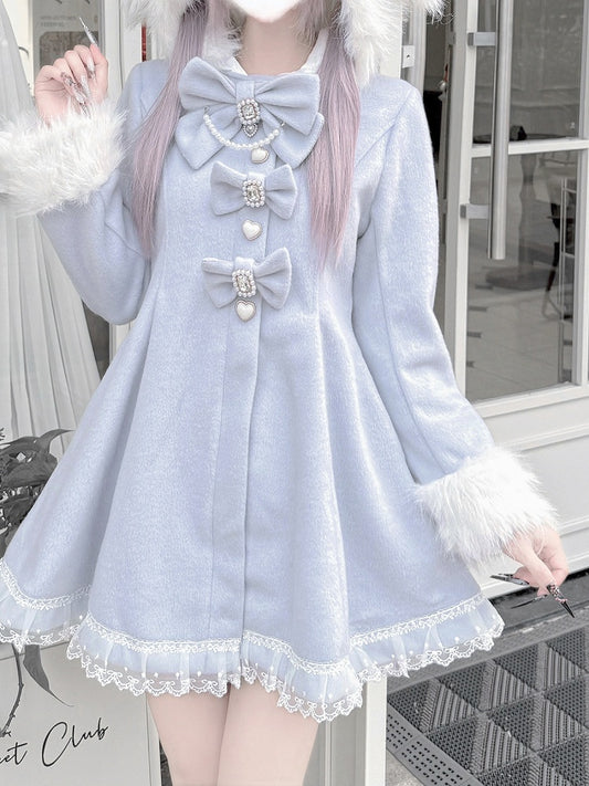Jirai Kei Light Blue A-Line Waisted Coat with Detachable Bunny Ears Hood & Bowknots