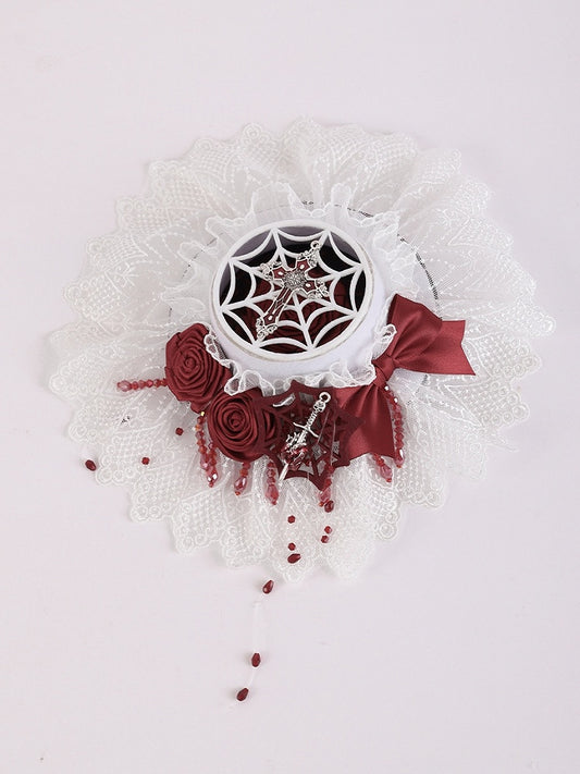 Gothic Cross and Sword White and Red Rosettes Bowknot Mini Flat Hat with Beads