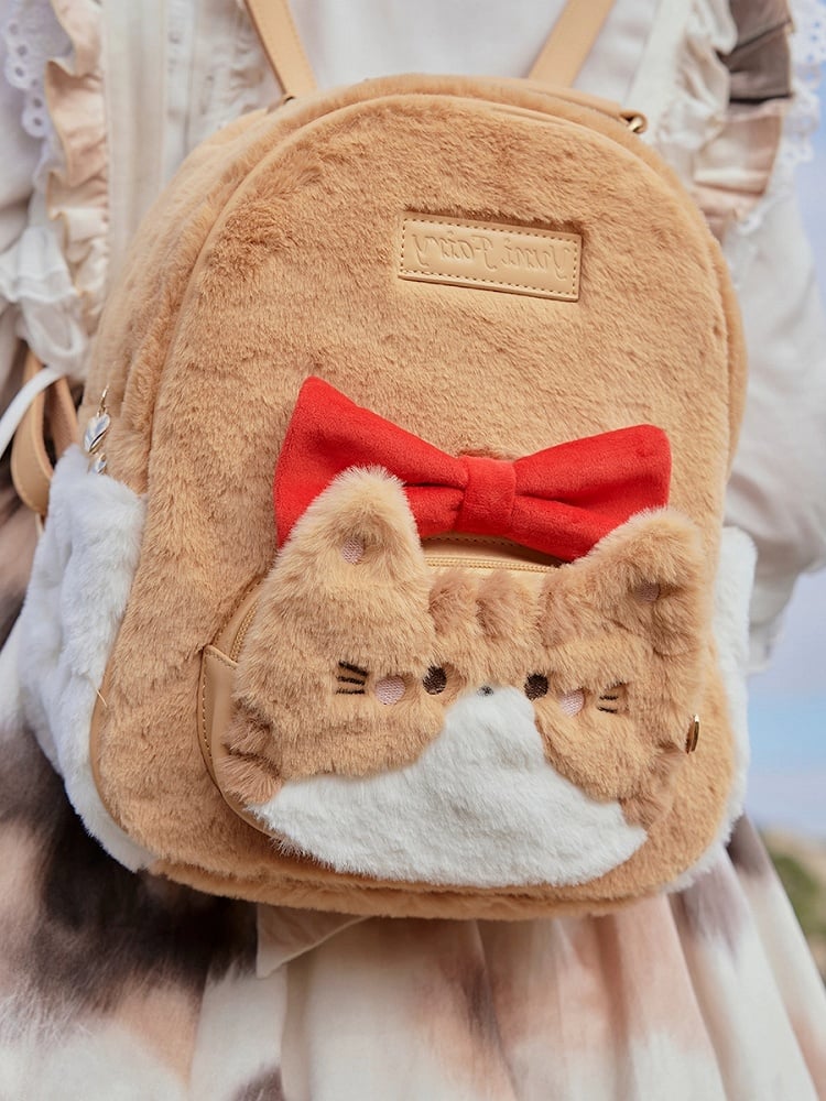 Orange & White Plush Cute Kitty Design Backpack with Bowknot