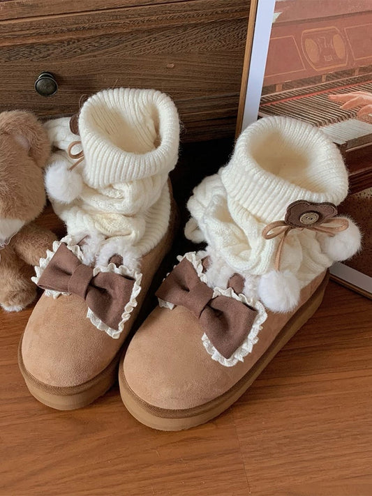 Stockings Design Bow at Top Brown Platform Boots