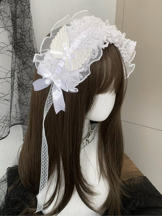 Black/White Wing Decorated Bowknot Details Ruffled Hairband