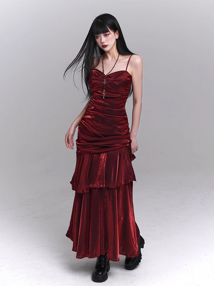 Wine Red Sweetheart Neckline Ruched Design Gown Evening Dress