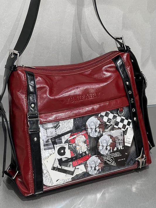 Red & Black Stud Detail Buckle Strap Ita Bag