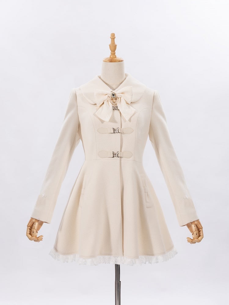 Creamy Jirai Kei Butterfly Buckles Closure Coat with Detachable Plush Collar and Cuffs
