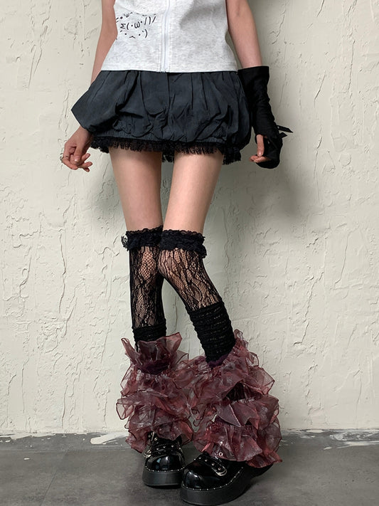 Black&Red Y2K Multi-layered Lace Trim Leg Sleeves