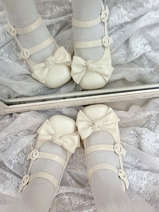 Bow Accents Sweet White Buckle Straps Shoes Princess Low Heels