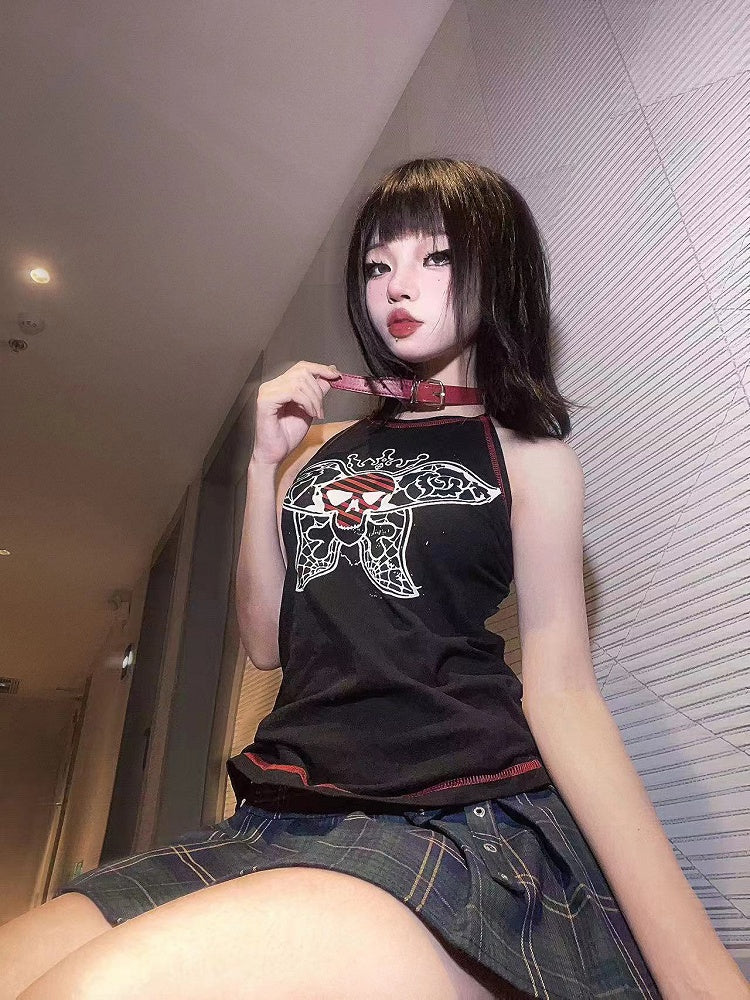 Butterfly Skull Print Black Halter Neck Cami Top