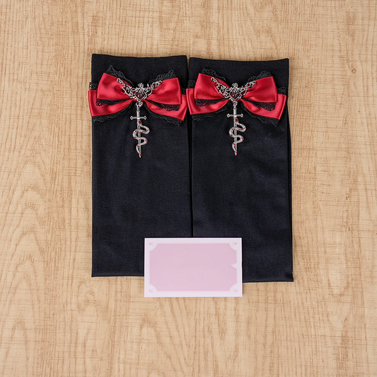 Gothic Red Metal Snake Bowknot Accents Jirai Kei Over Knee Stockings Regular/Long Version