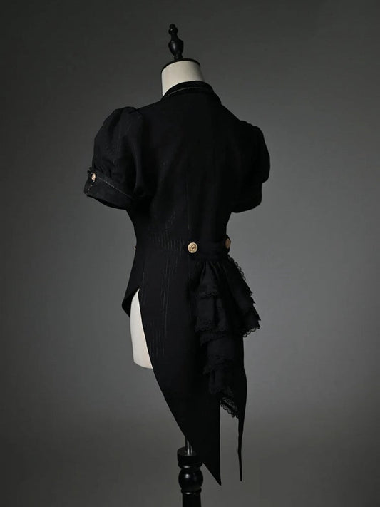 Black Blazer Collar Short Puff Sleeves Split-Tail Top