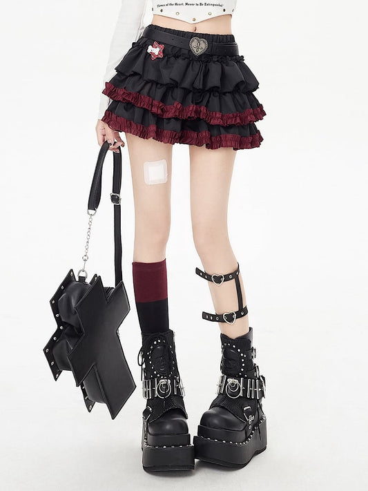 Ruffle Hem Black Punk Tiered Skirt with Free Waist Belt