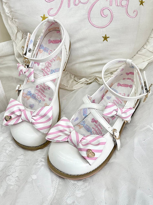 Striped Bow at Top White Sweet Round Toe Lolita Shoes Low Heels